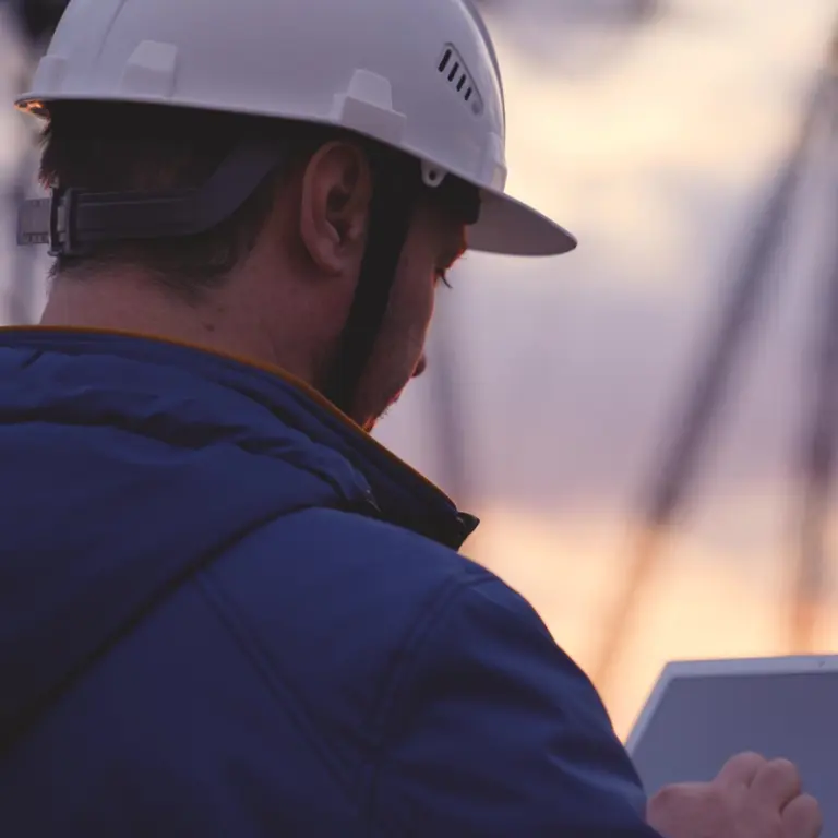 person in hard hat using a laptop