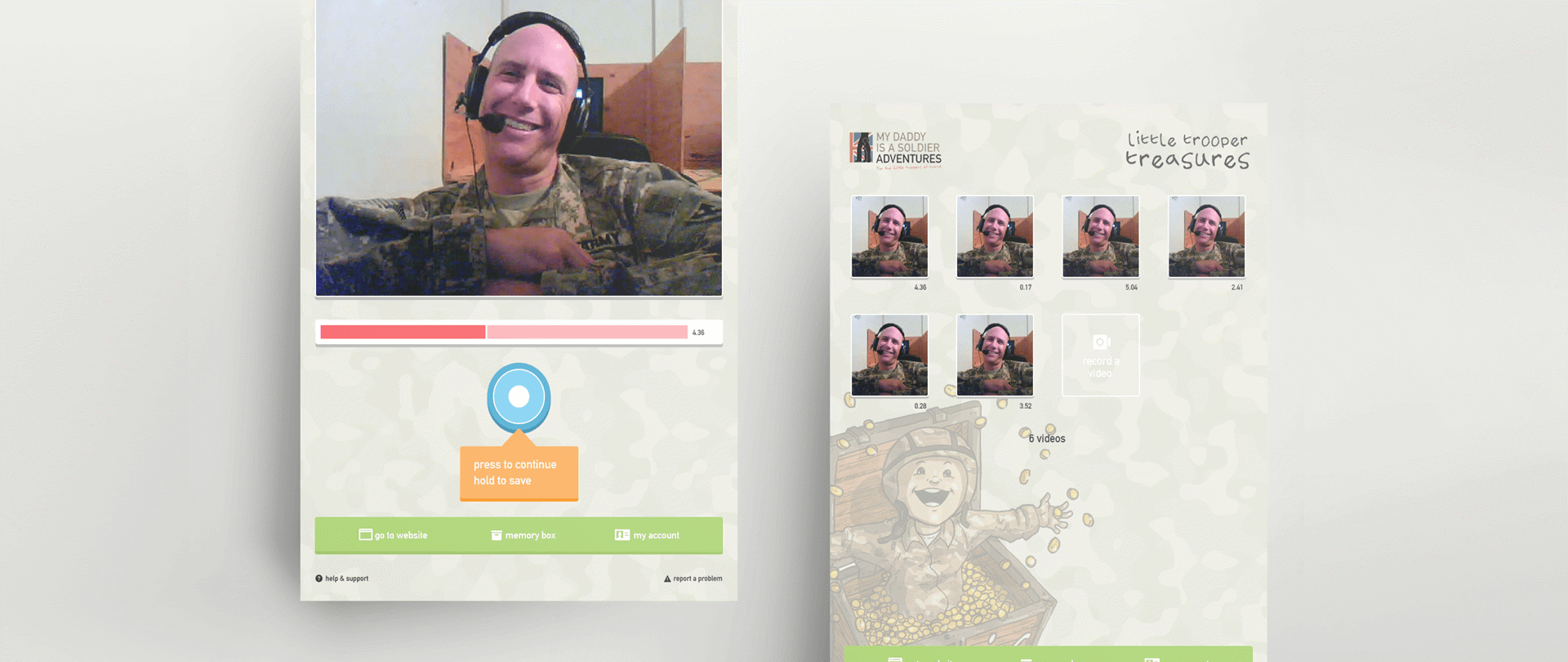 Screenshots showing a serviceman recording a video to share with their child