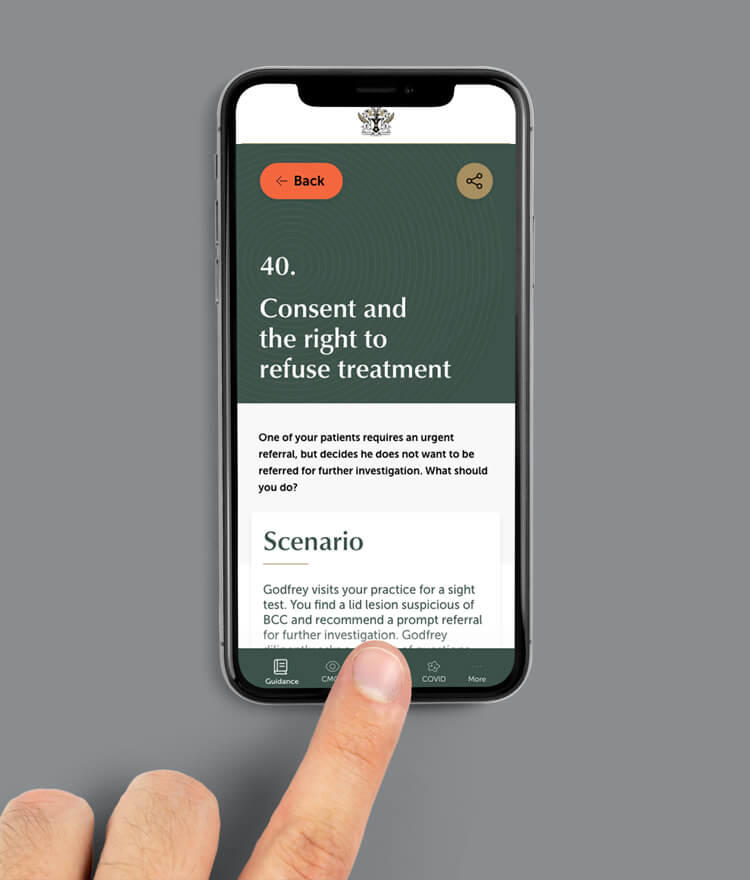 A guideline article on patients right to refuse treatment displayed on a mobile screen via the app