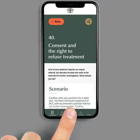 A guideline article on patients right to refuse treatment displayed on a mobile screen via the app