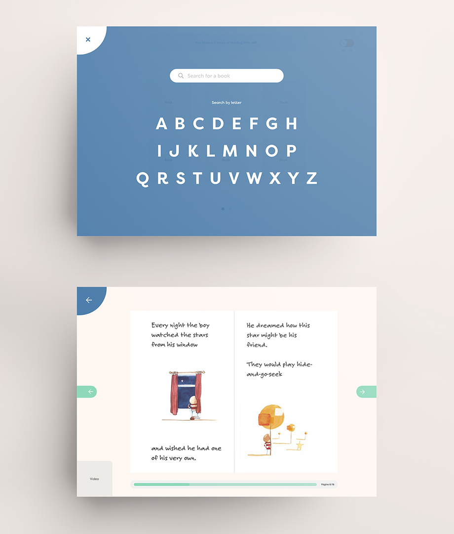 App layout screens related to child literacy, one shows the alphabet, the other a page from a book