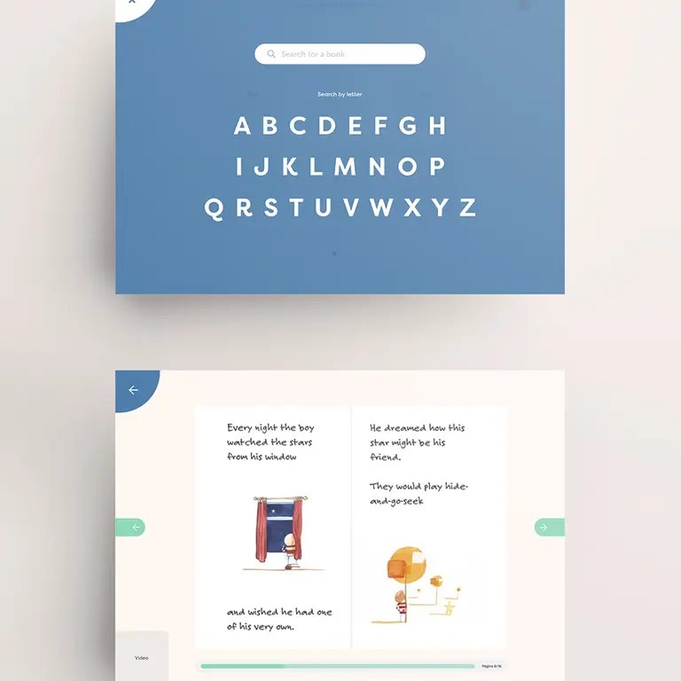 App layout screens related to child literacy, one shows the alphabet, the other a page from a book