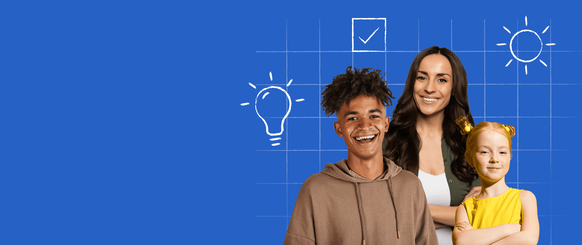 Well schools image featuring three young people on a blue background
