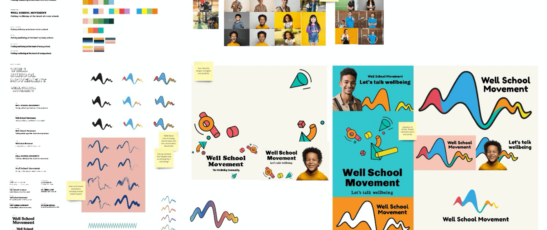 Design boards showing work on brand concepts for Well Schools