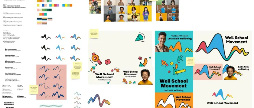 Design boards showing work on brand concepts for Well Schools